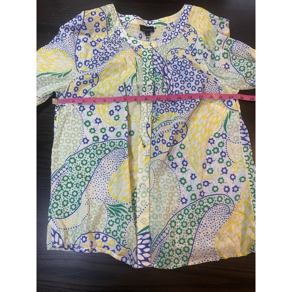 Talbots‎ Shirt Women Small Paisley Smocking Yellow Peasant Button Crochet Boho - Picture 7 of 12